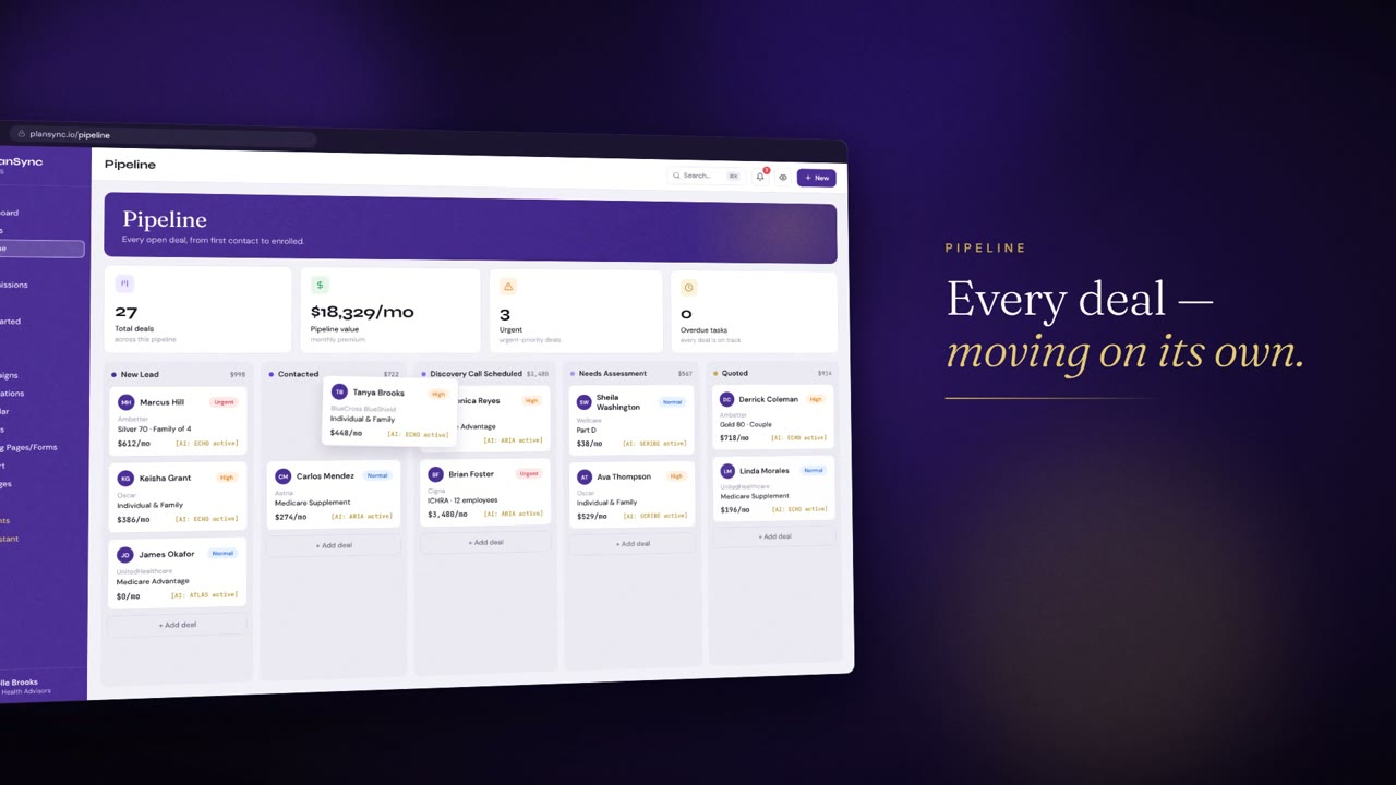 PlanSync pipeline board with deals moving by stage